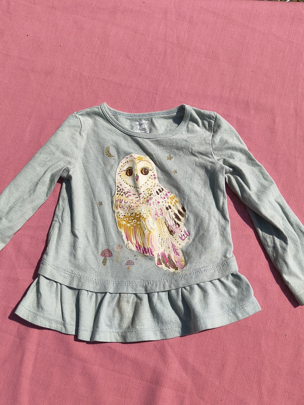 Carter's blue sparkly owl ruffled long sleeve tee shirt